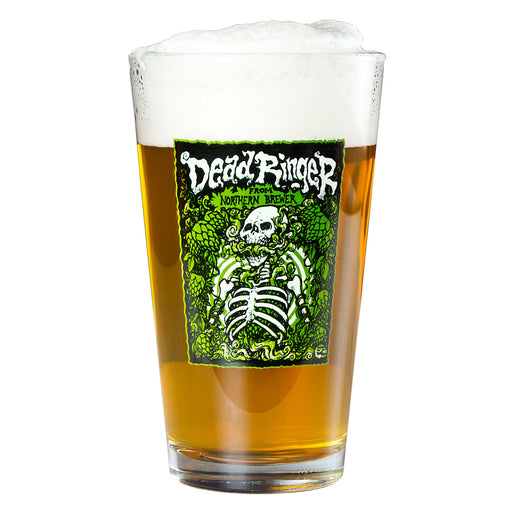 Dead Ringer Pint Glass with beer in it.