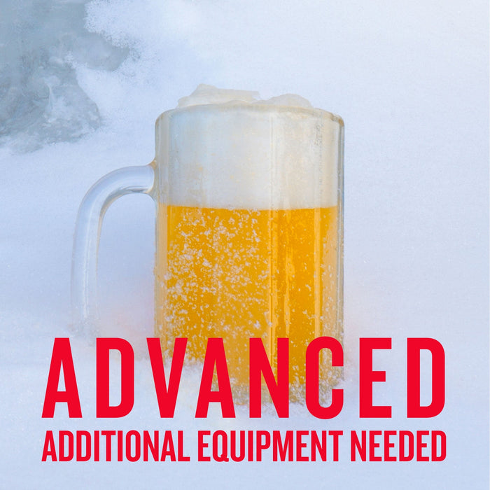 Permafrost India White Ale in a frosty mug sitting in a pile of snow with a customer caution in red text: "Advanced, additional equipment needed" to brew this recipe kit