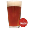 Irish Red Ale homebrew in a glass with a red circle containing the text "1 gallon"