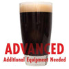 Glass filled with Sweet Stout with a customer caution in red text at the bottom of the image: "Advanced, additional equipment needed" to brew this recipe kit