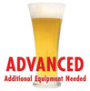 Witbier homebrew in a tall drinking glass with a customer caution in red text: "Advanced, additional equipment needed" to brew this recipe kit