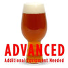 A glass filled with Plinian Legacy IIPA with a customer caution in red text: "Advanced, additional equipment needed" to brew this recipe kit