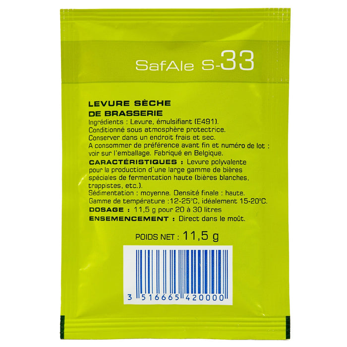 SafAle S-33 Dry Brewing Yeast Package Back