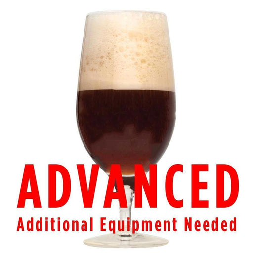 Heady Saison de Noel homebrew in a glass with a customer caution in red text: "Advanced, additional equipment needed" to brew this recipe kit