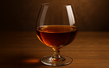 Image of a glass of brandy on a wood table with a dark background
