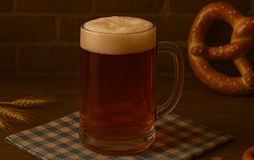Image of a Marine Beer on a wood table with a blue and white Oktoberfest napkin under it. A German pretzel is in the background with wheat