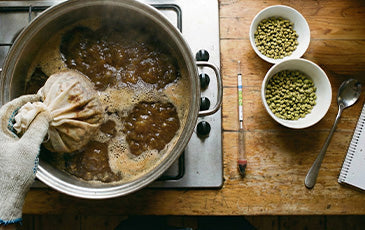 Overhead view of brew kettle on a stovetop with hops.