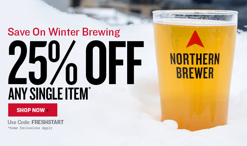 Promotional banner for Northern Brewer with a glass of beer in the snow, featuring a 25% off a single winter brewing offer.