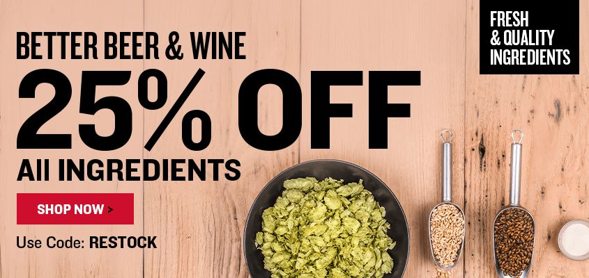 Promotional banner for 25% off all ingredients with hop cones and measuring spoons on a wooden background.