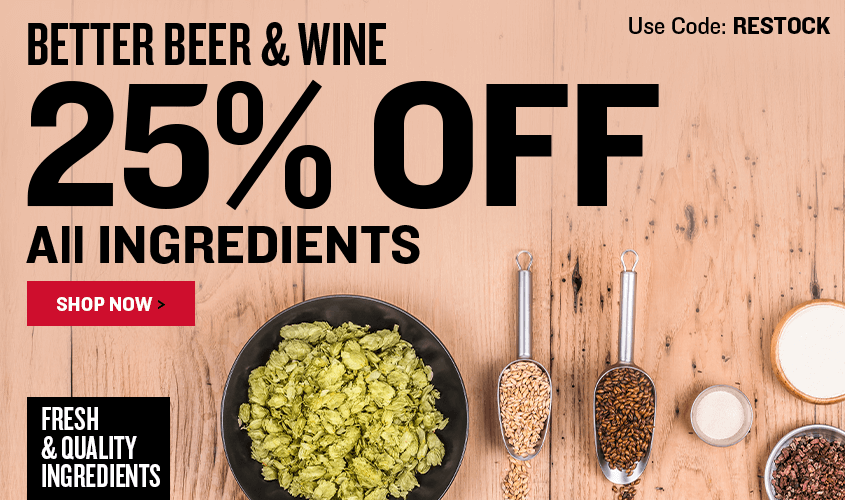 Promotional banner for 25% off all ingredients with beer and wine ingredients on a wooden background.