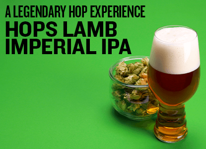 Glass of Hops Lamb Imperial IPA with a jar of hops on a green background