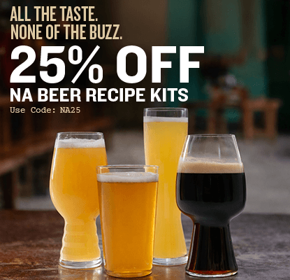 Four glasses of different beers on a bar with promotional text for NA beer recipe kits.