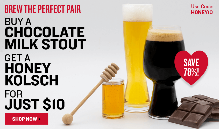 Promotional advertisement for beer pairings with text and images of beer glasses, honey, and chocolate.