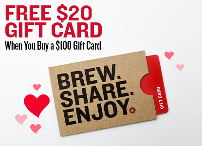 Free Gift card with 'Brew. Share. Enjoy.' text and promotional offer on a white background