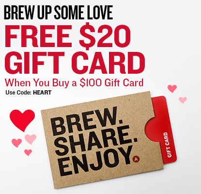 Promotional image with a free $20 gift card offer and 'Brew. Share. Enjoy.' text on a white background.