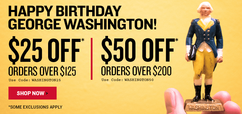 Promotional banner celebrating George Washington's birthday with discounts on orders.