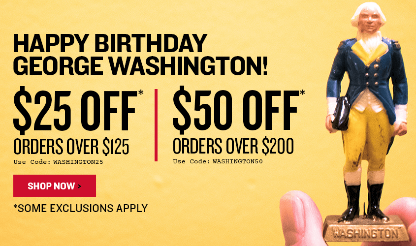 Promotional banner celebrating George Washington's birthday with a figurine and discount information.