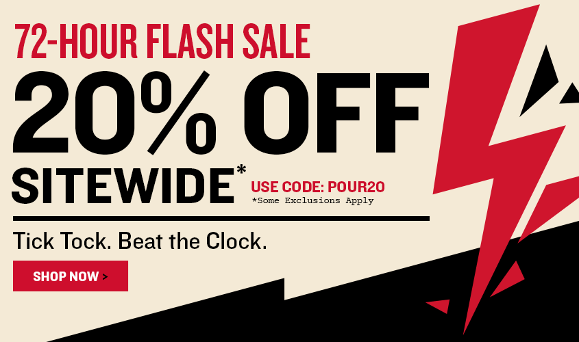 Promotional banner for a 72-hour flash sale with 20% off sitewide, featuring a red lightning bolt graphic.
