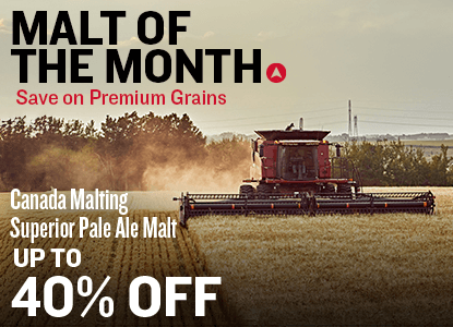 Harvester in a field with promotional text for malt of the month and premium grains.