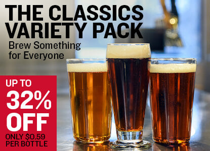 Three glasses of beer with a promotional banner for 'The Classics Variety Pack' on a bar. Up to 32% off and only $0.59 / bottle.