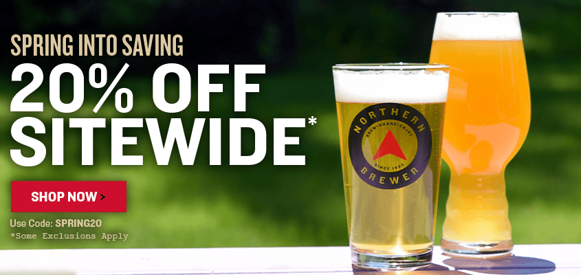 Two glasses of beer with Northern Brewer logo on a blurred green background, featuring a promotional message for Spring into Saving 20% off sitewide with code SPRING20 Some exclusions apply.