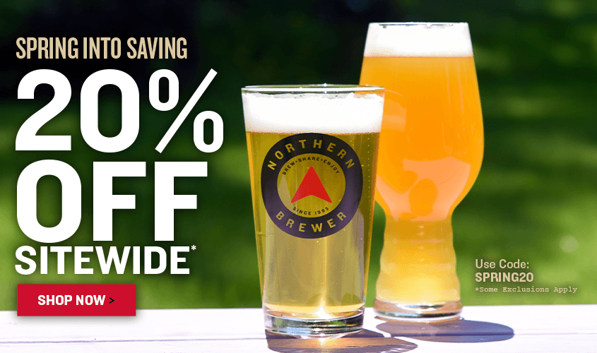 Two glasses of beer with Northern Brewer logo on a blurred green background, featuring a promotional message for Spring into Saving 20% off sitewide with code SPRING20 Some exclusions apply.