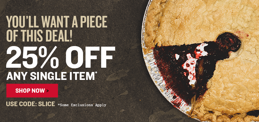 Promotional banner for a 25% off discount on a single item with a pie in the background.