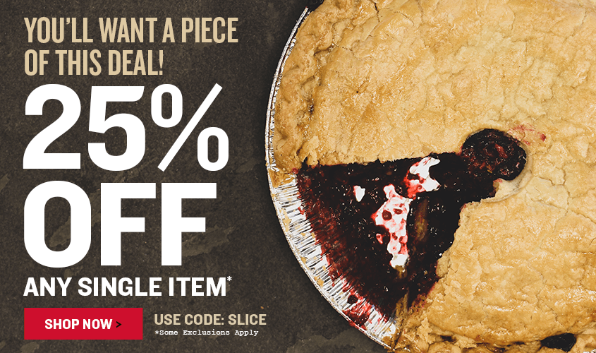 Promotional advertisement for a 25% off discount on a pie with a slice missing.