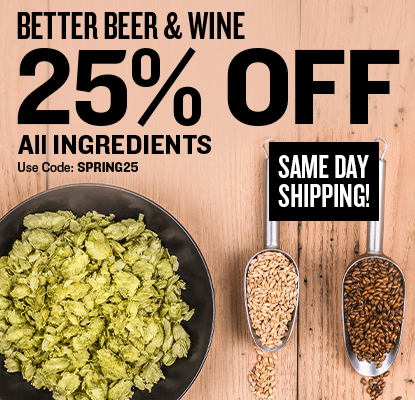 Promotional banner for 25% off all ingredients with 'Spring25' code, featuring hops and grains on a wooden background.