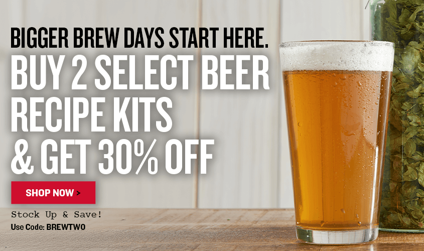 Promotional advertisement for beer recipe kits with a glass of beer and hops.