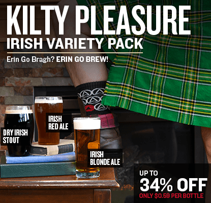 Advertisement for Kilty Pleasure Irish Variety Pack featuring glasses of beer and a person in a kilt.