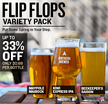 Three glasses of beer with Northern Brewer branding, promotional text for Flip Flops variety pack up to 33% off, only $0.69 per bottle on a blurred outdoor background. With the subheader Put some spring in your step and beers labeled Maypole Maibock, Kiwi Express IPA, Beekeeper's Saison