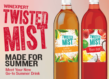 Winexpert Twisted Mist Made For Summer Meet your new go-to summer drink with two bottles of wine on a colorful background