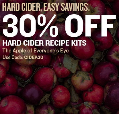 Promotional image for hard cider recipe kits with apples and a 30% off discount offer.