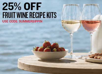 Promotional banner for Summer's Calling. 20% off Fruit Wine Recipe Kits. Use code: SUMMERSIPPIN with a glass of wine and bottle on a table outdoors.