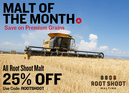 May Malt of the Month All Root Shoot Malt 25% off with code: ROOTSHOOT  on an image of a field being cleared by a combine harvester on a sunny day.