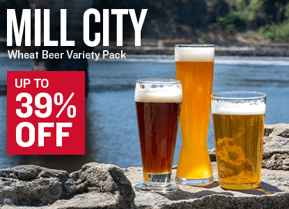 Three glasses of beer on a stone ledge with a scenic background and promotional text for Mill City Wheat Beer Variety Pack From Millstones to Mash Tuns Up To 39% off.