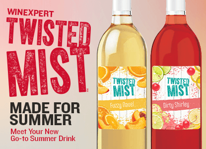 Two bottles of Winexpert Twisted Mist Fuzzy Navel & Dirty Shirley Made for Summer. Meet your new go-to summer drink.
