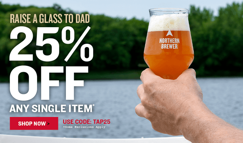 Hand holding a glass of beer in a boat on a lake in summer for a Raise a glass to dad 25% off any single item with code Tap25.