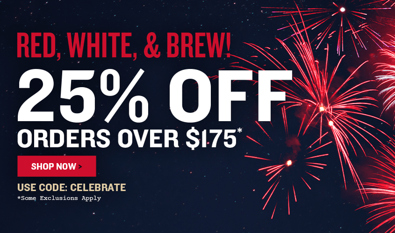 Promotional banner with fireworks and text offering Red, White & Brew! 25% off orders over $175* Use Code: CELEBRATE *Some Exclusions Apply