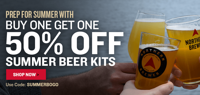 Promotional banner for Prep for Summer with. Buy one, Get one 50% off Summer Beer Kits. Use code: SUMMERBOGO and images of 3 beer glasses cheering.