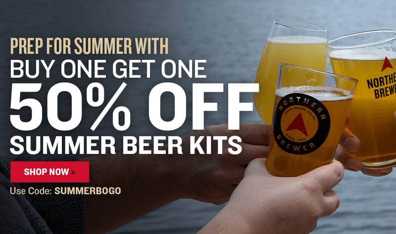 Promotional banner for Prep for Summer with. Buy one, Get one 50% off Summer Beer Kits. Use code: SUMMERBOGO and images of 3 beer glasses cheering.