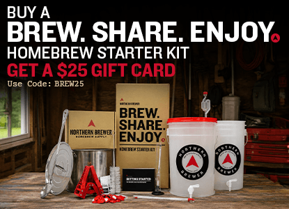 Homebrew starter kit with promotional text for a $25 gift card on a wooden surface.
