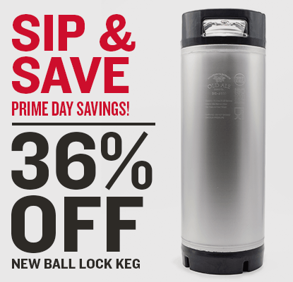 Silver ball lock keg with promotional text for Sip & Save Prime Day savings  36% off New Ball Lock Kegs on a white background