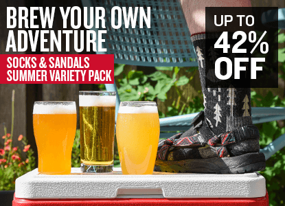 Promotional image with beer glasses and socks, featuring text 'Brew Your Own Adventure' and 'Socks & Sandals Summer Variety Pack' Up to 42% off.