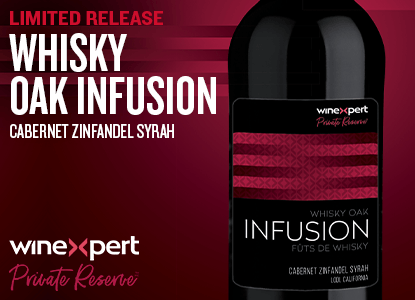 Limited Release Winexpert Private Reserve whisky oak infusion Cabernet Zinfandel Syrah wine bottle on a red background