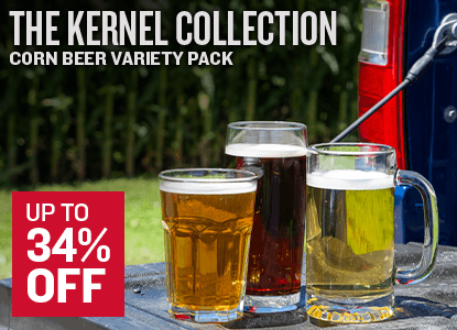 Three glasses of beer on a truck bed in a cornfield with text for 'The Kernel Collection' corn beer variety pack up to 34% off.