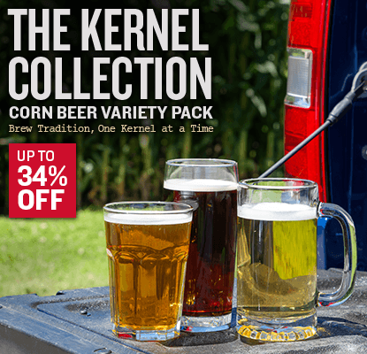 Three glasses of beer on a truck bed in a cornfield with text for 'The Kernel Collection' corn beer variety pack up to 34% off.