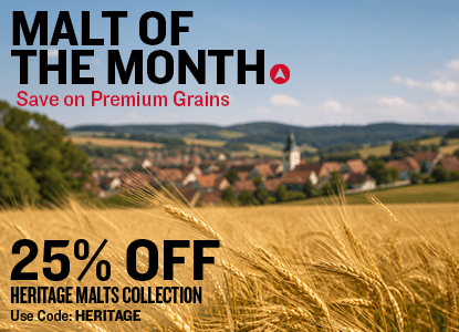 Malt of the month 25% off heritage malts collection with code heritage over an image of a barley field in Europe