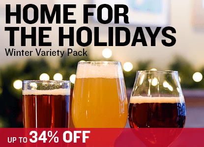 Promotional image for a winter variety pack of beers with text overlay. Home for the Holidays 3-Pack up to 34% off.